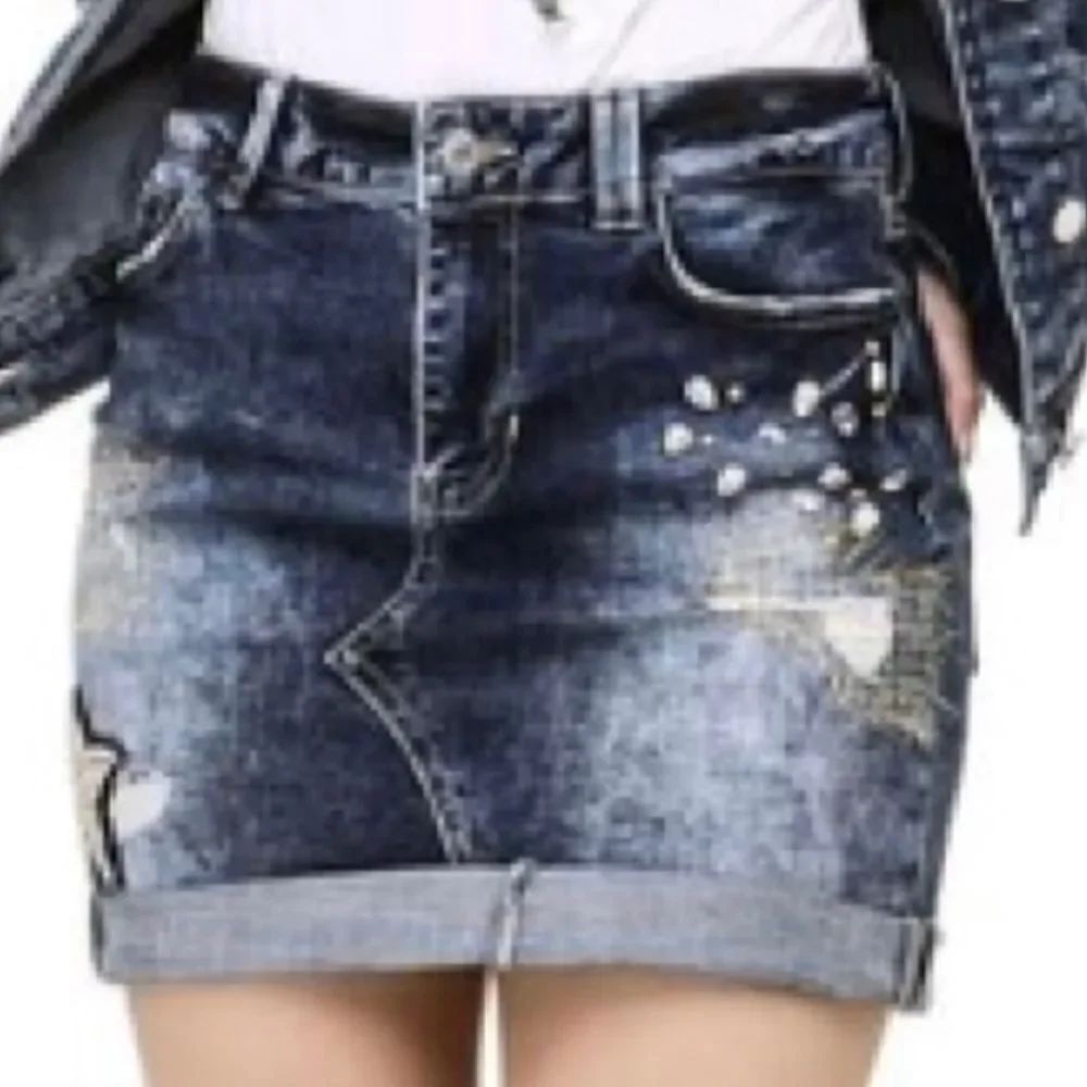 Guess Denim Blue Embellished Distressed Jean Mini Skirt Size 29